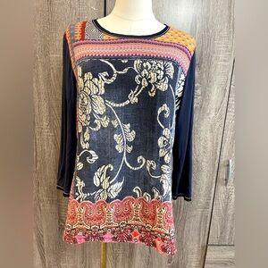 DESIGUAL Navy Patterned Designer Long Sleeve Blouse w/ gold Sequins. Size M